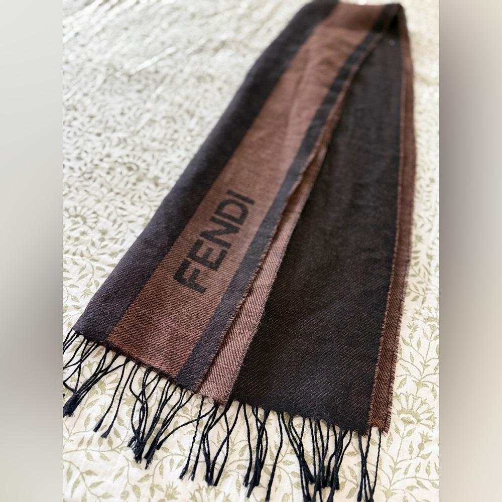 Fendi Wool Logo Scarf – Brown/Black Stripe – Made in Italy – Fringe – Vintage
